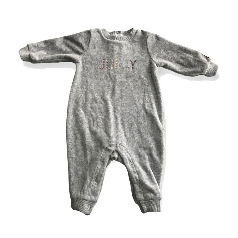 Juicy Couture Baby Girls Gray Long Sleeve Coverall – 3/6M – Rhinestone Logo